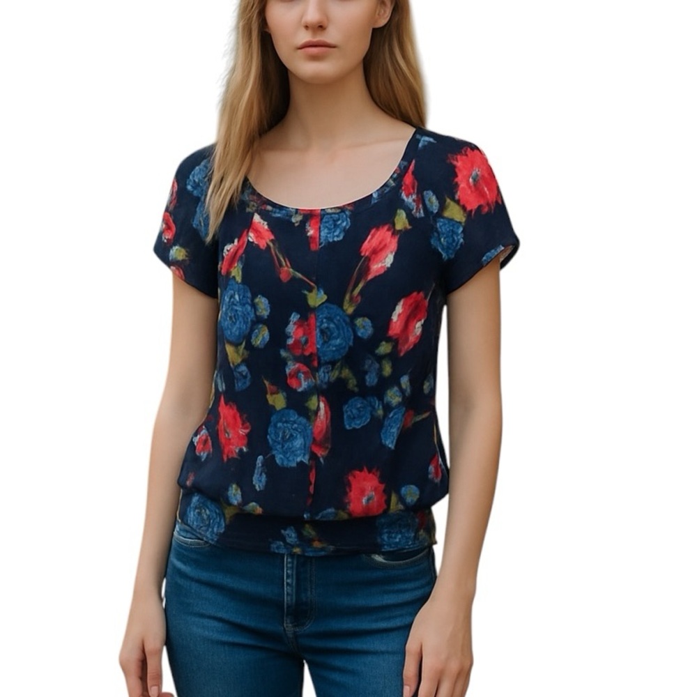 ABERCROMBIE & FITCH BOLD FLORAL COTTAGECORE BLUE SHORT SLEEVE RUFFLE NECK TOP